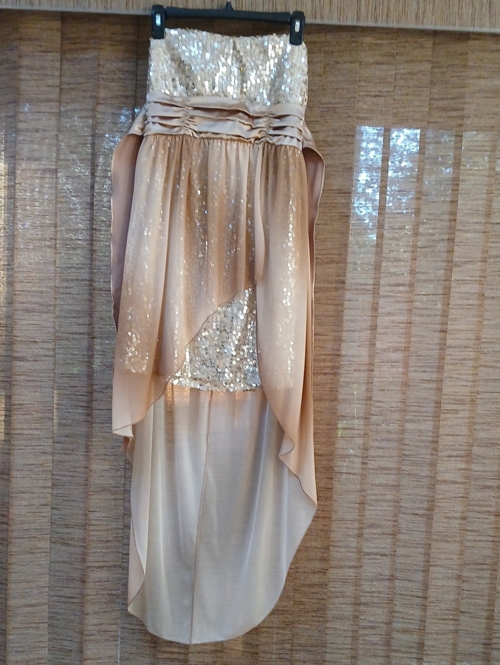 Deb Strapless High-Low Sequin & Chiffon Skirt in Champagne